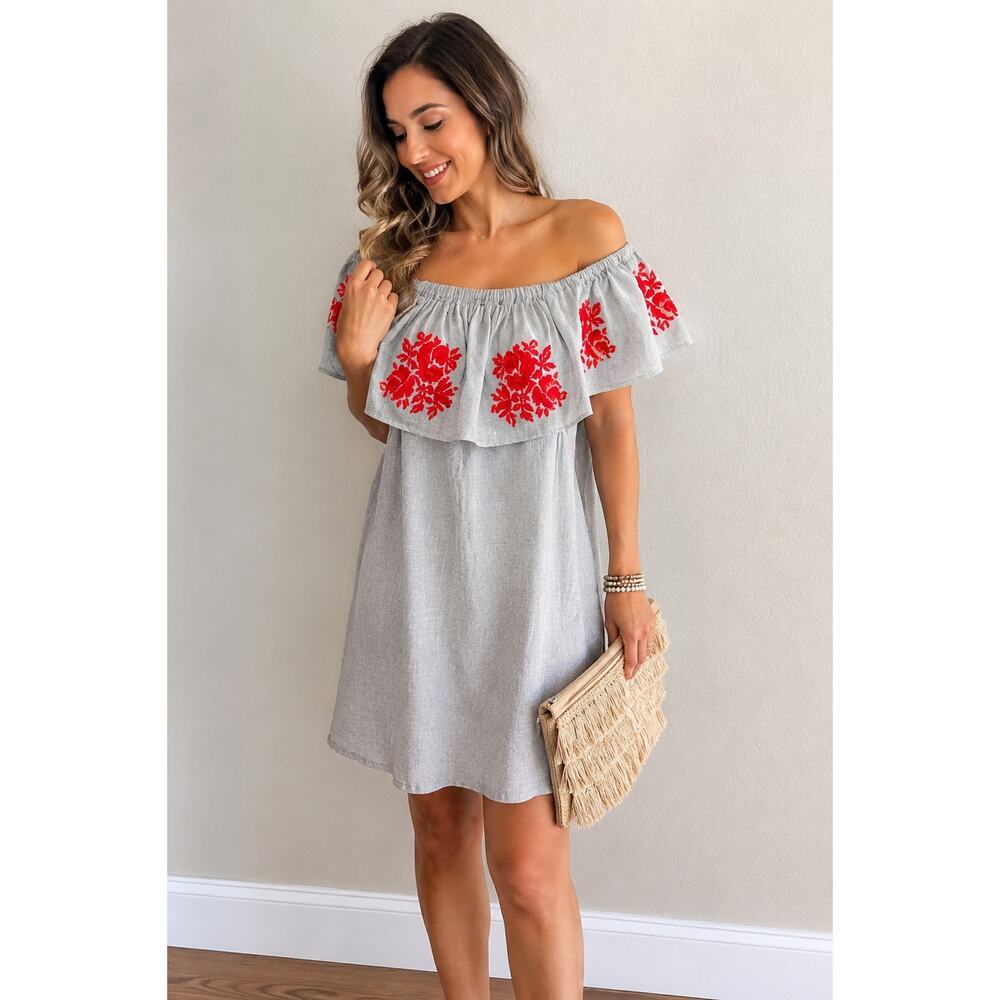 Umgee Gray Embroidered Fiesta Off Shoulder Boho Dress, sz S